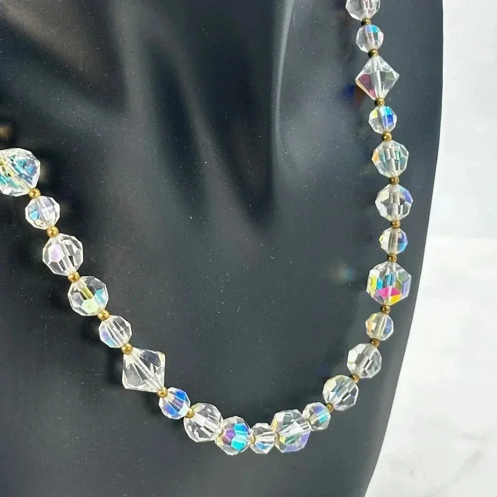 Vintage Crystal Aurora Borealis Necklace  Matching Clip On Earrings Set …